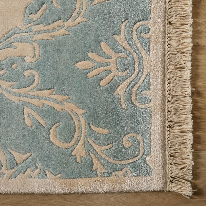 Fiber Serisi El Dokuma Damask Desenli Turkuaz Halı — çerçeve desenli