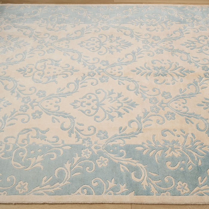 Fiber Serisi El Dokuma Damask Desenli Turkuaz Halı — doğal elyaf