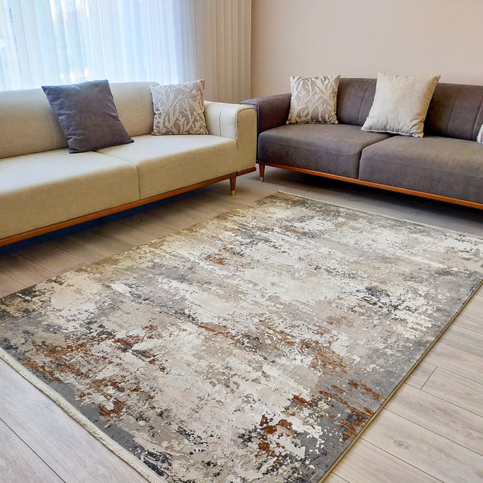 Fresco Serisi Makine Dokuma Soyut Desenli Gri Viskon Halı — yatak odası halısı