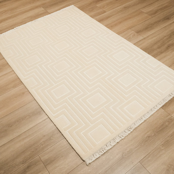 Geometrik Desenli El Dokuma Halı, krem, 121x185 cm — Halıcızade