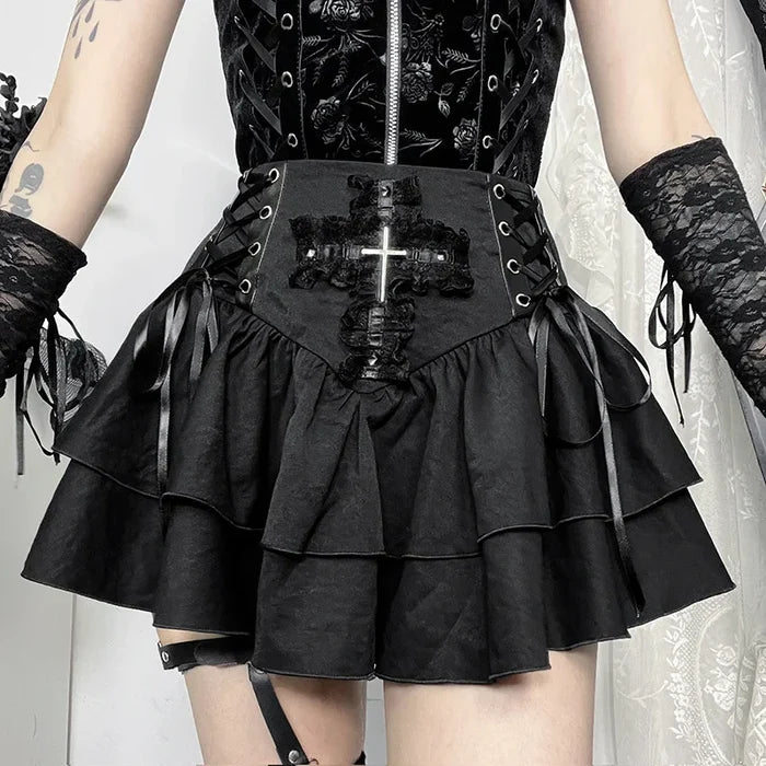 Goth Cross Layered Mini Skirt