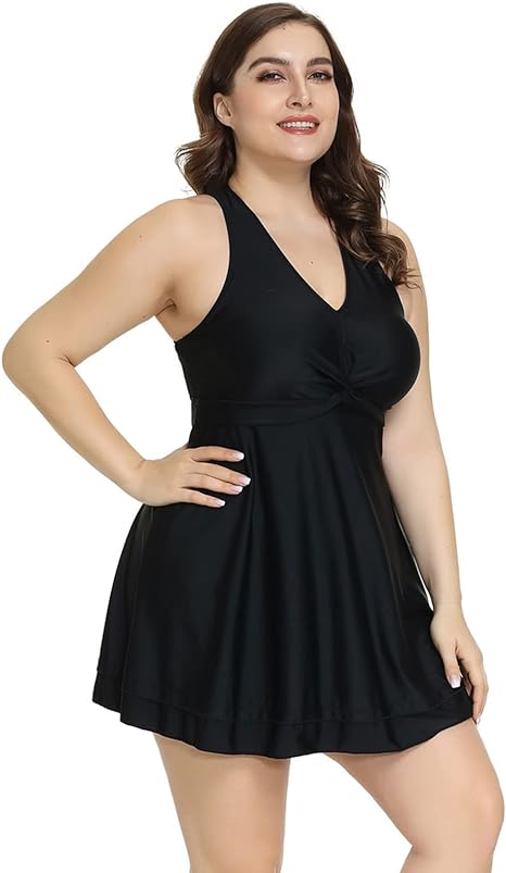 Hanna Nikole Women Plus Size High Waisted Swimsuits Tummy Control Swimdress 18W Black