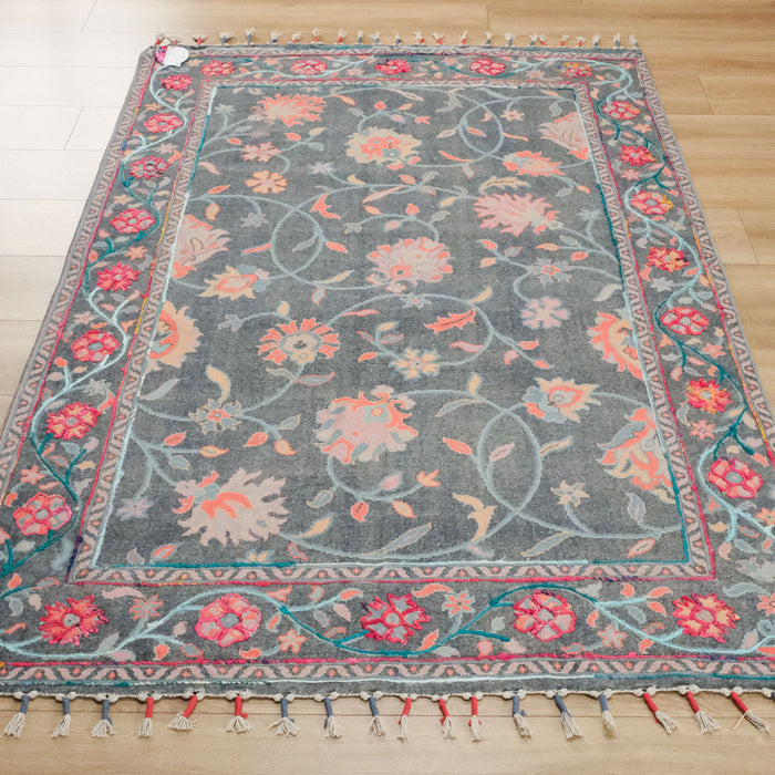 Holi Serisi El Dokuma Çiçek Desenli Gri Kilim — el dokuma kilim