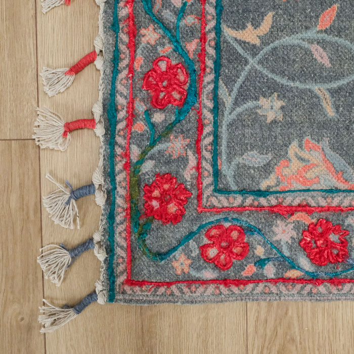 Holi Serisi El Dokuma Çiçek Desenli Gri Kilim — pamuk