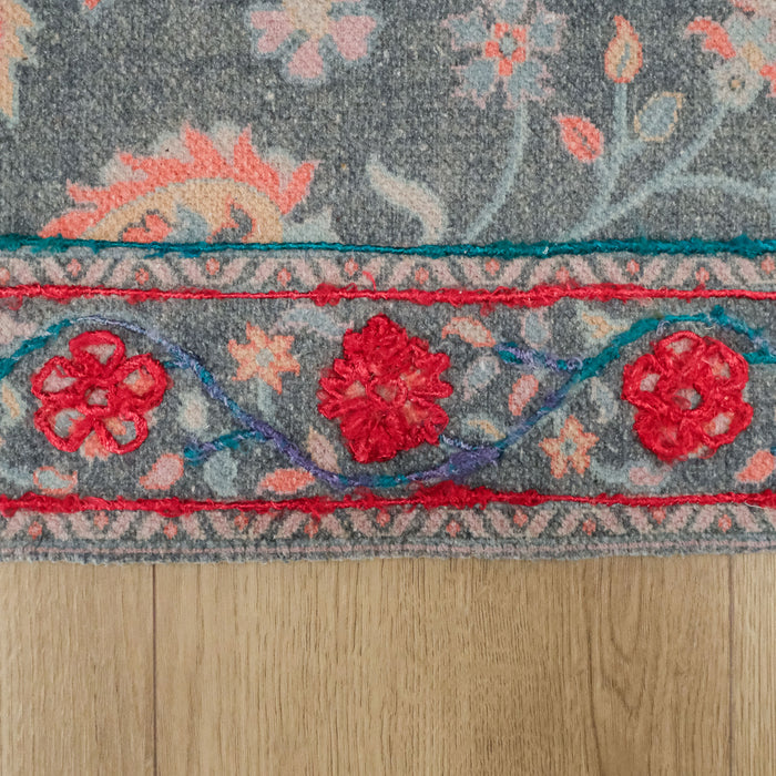 Holi Serisi El Dokuma Çiçek Desenli Gri Kilim — çerçeve desenli