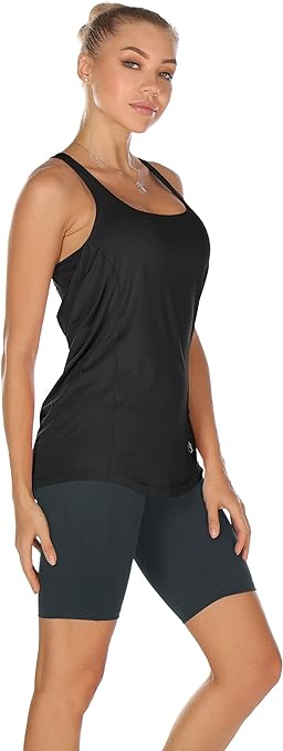 icyzone Women's Workout Tank Tops Built in Bra - Strappy Athletic Yoga Top, Exercise Gym Sport Shirt (L, Black)