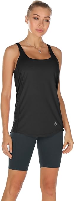 icyzone Women's Workout Tank Tops Built in Bra - Strappy Athletic Yoga Top, Exercise Gym Sport Shirt (L, Black)