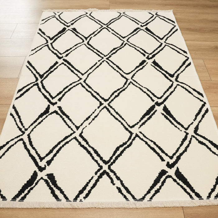 İskandinav Desenli Siyah Pamuk Kilim — geometrik desenli