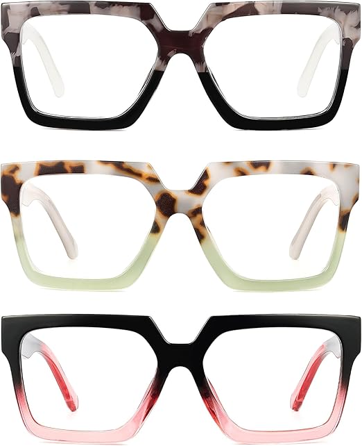 JM 3 Pack Oversize Reading Glasses for Women, Fashion Square Blue Light Blocking Readers +2.25