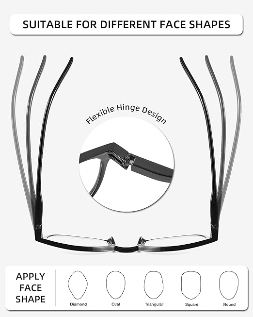JM 4 Pack Square Reading Glasses, Spring Hinge Readers for Men Women, Mxied Color +2.5