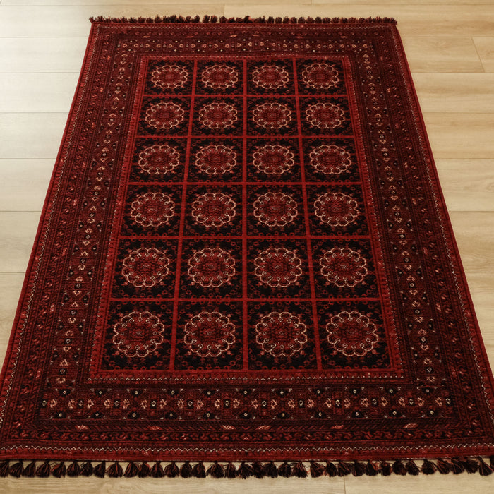 Kehribar Serisi Afgan Desenli Makine Dokuma Bordo Halı — 80x150, 120x180, 80x300, 160x230 cm