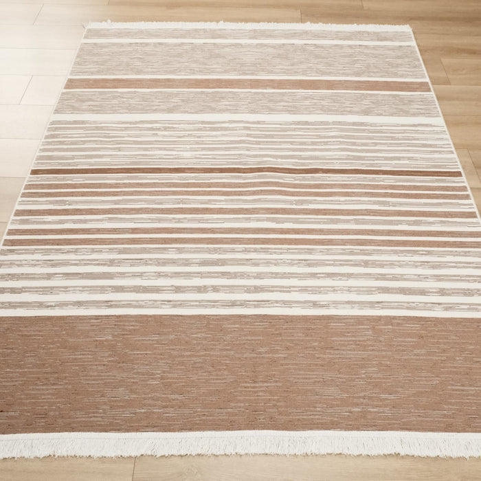 Kehribar Serisi Makine Dokuma Çizgi Desenli Krem Kilim — balkon halısı