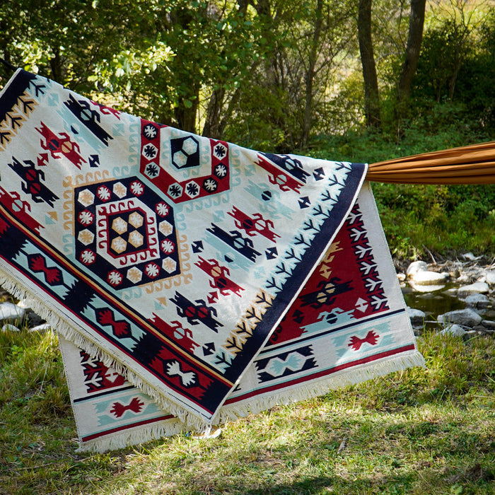 Kehribar Serisi Makine Dokuma Etnik Tasarımlı Rengarenk Kilim — antre halısı