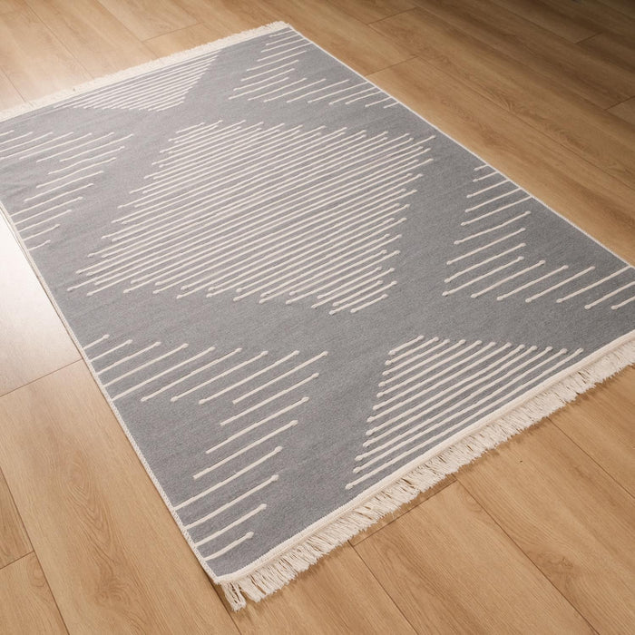 Kehribar Serisi Makine Dokuma Geometrik Desenli Gri Pamuk Kilim — modern tasarım