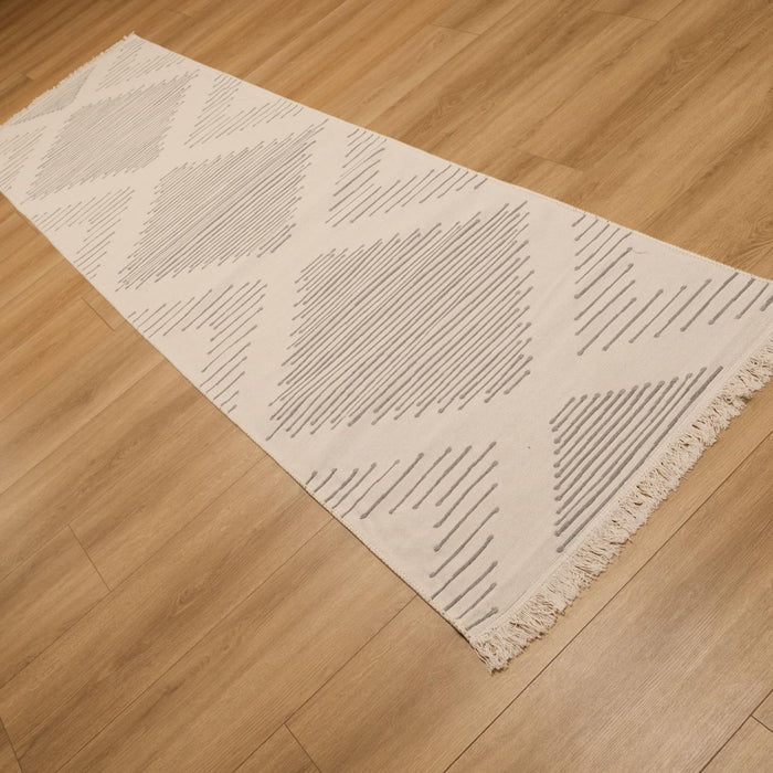 Kehribar Serisi Makine Dokuma Geometrik Desenli Gri Pamuk Kilim — antre halısı