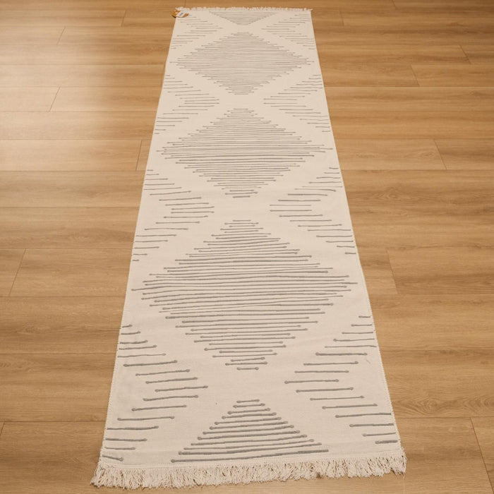 Kehribar Serisi Makine Dokuma Geometrik Desenli Gri Pamuk Kilim — mutfak halısı