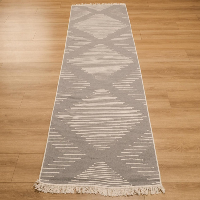 Kehribar Serisi Makine Dokuma Geometrik Desenli Gri Pamuk Kilim — antialerjik