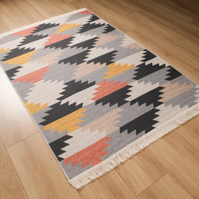 Kehribar Serisi Makine Dokuma Geometrik Desenli Rengarenk Pamuk Kilim