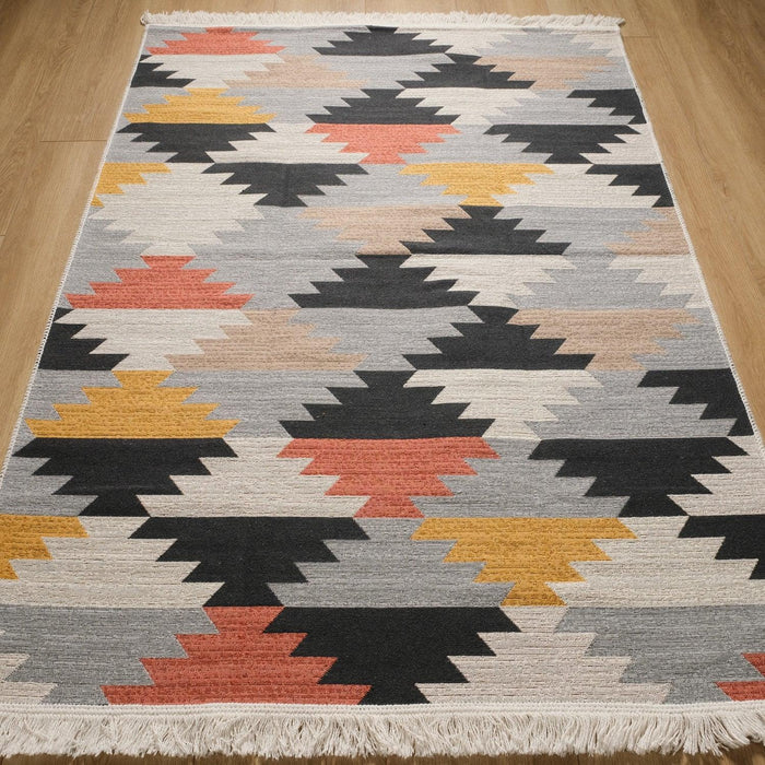 Kehribar Serisi Makine Dokuma Geometrik Desenli Rengarenk Pamuk Kilim