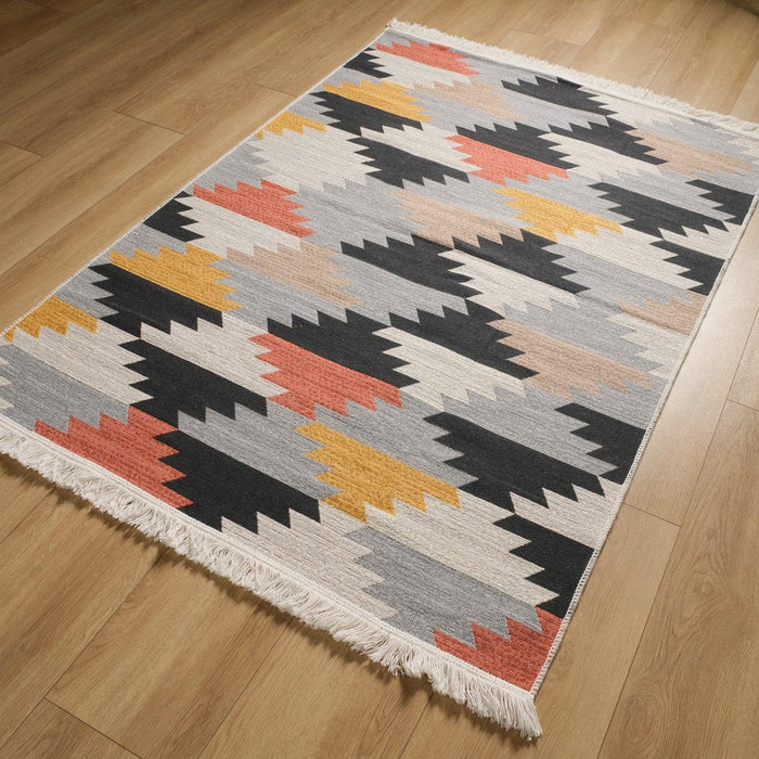 Kehribar Serisi Makine Dokuma Geometrik Desenli Rengarenk Pamuk Kilim