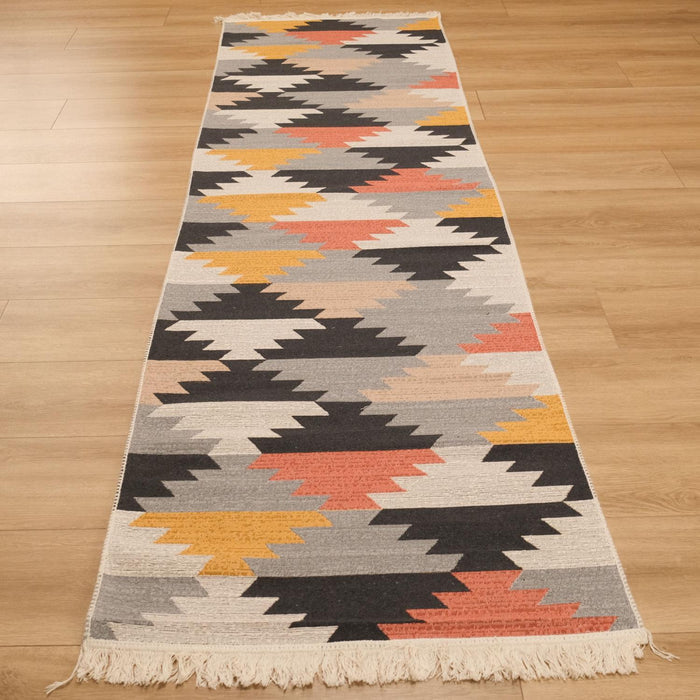 Kehribar Serisi Makine Dokuma Geometrik Desenli Rengarenk Pamuk Kilim