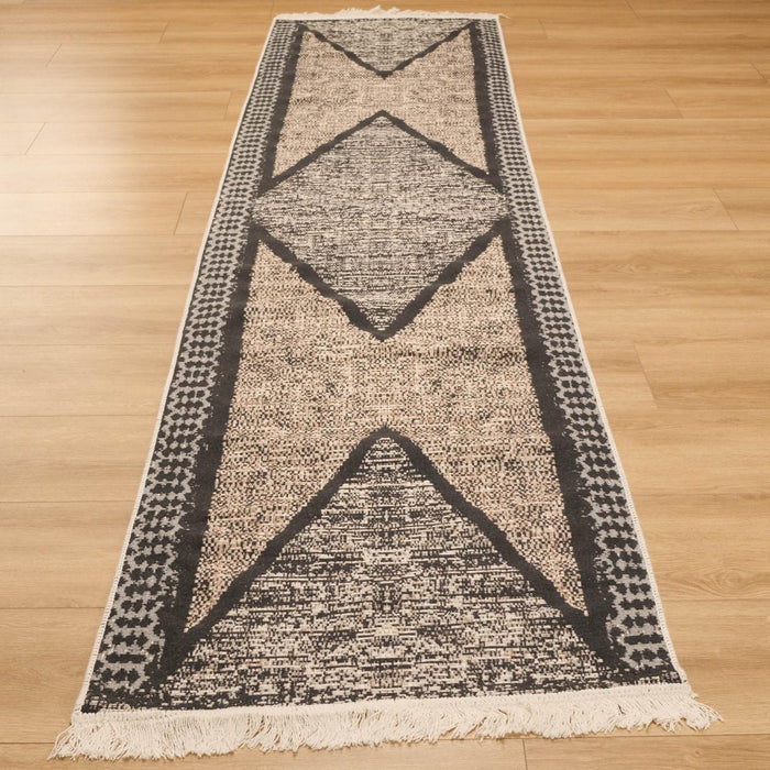Kehribar Serisi Makine Dokuma Gri Geometrik Desenli Kilim