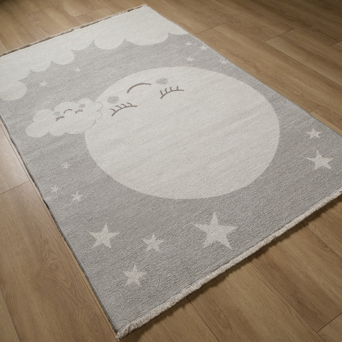 Kids Serisi Dolunay Gece Desenli Gri Bebek ve Çocuk Odası Halısı, 115x180 cm — Halıcızade