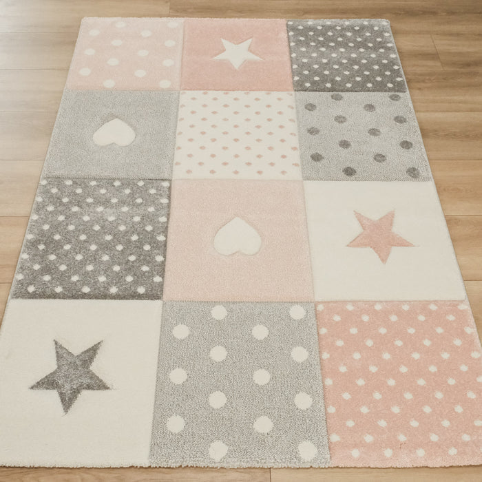 Kids Serisi Makine Dokuma Gri, Krem, Pembe Bebek ve Çocuk Odası Halısı — 120x180 cm