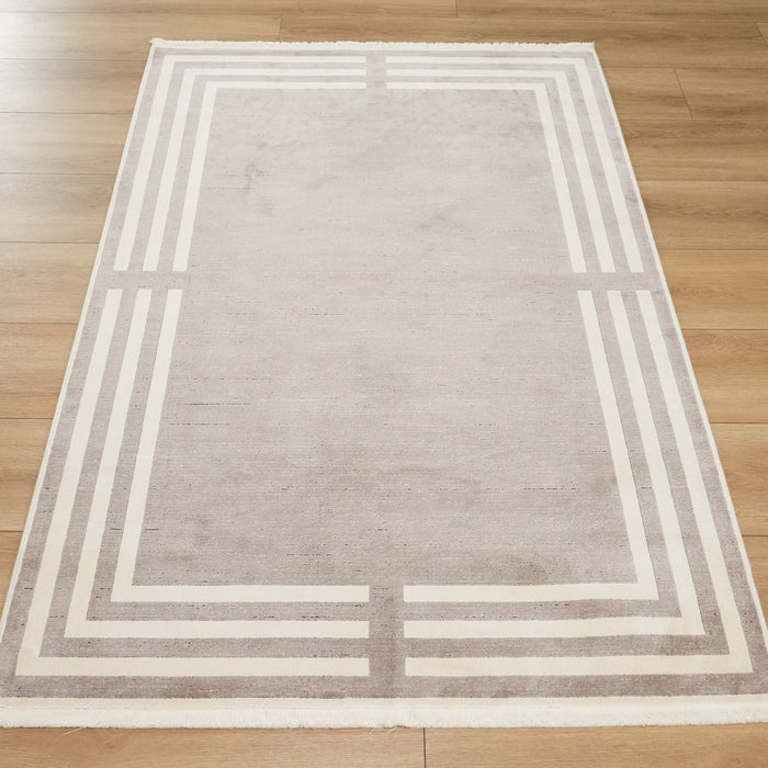 Lugano Serisi Makine Dokuma Çerçeve Desenli Viskon Gri Halı — 80x150, 120x180, 80x300, 160x230 cm