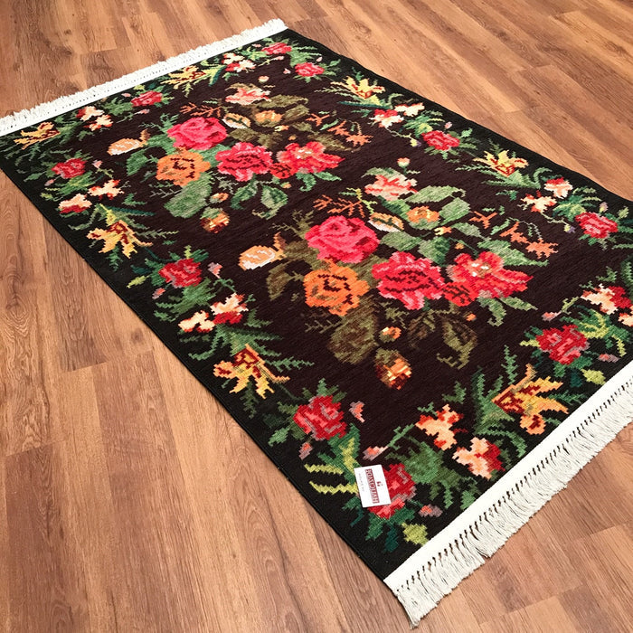 Luna Serisi Karabağ Desenli Çiçekli Dijital Baskı Mutfak Halısı, siyah, 75x150 – 155x230 cm — Halıcızade