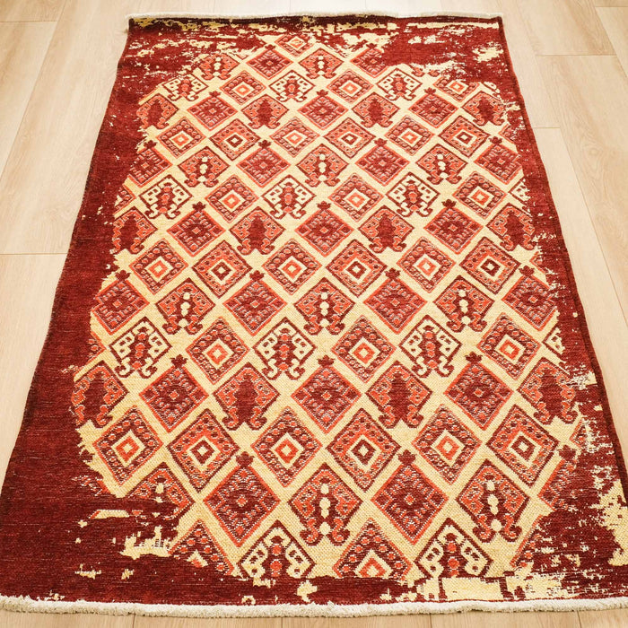 Makine Dokuma Geometrik Desenli Bordo Sarı Kilim — 120x180 cm