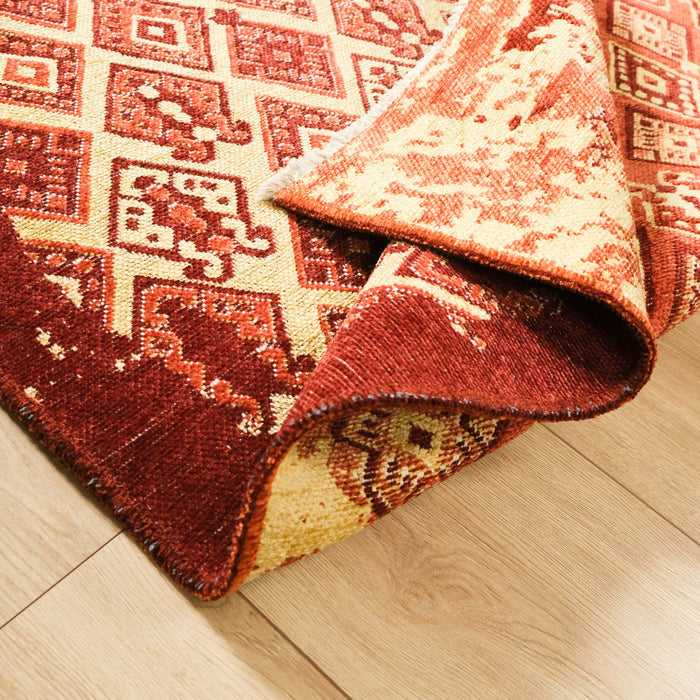 Makine Dokuma Geometrik Desenli Bordo Sarı Kilim — etnik desenli