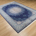 Makine Dokuma İpek Saçaklı Çerçeve Desenli Lacivert Halı, 90x150 – 200x290 cm — Halıcızade