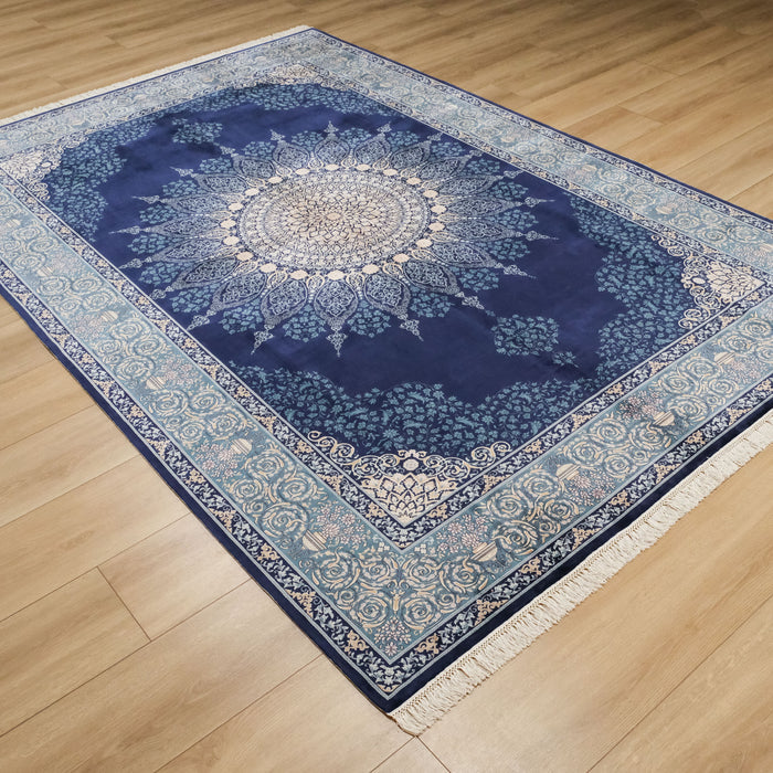 Makine Dokuma İpek Saçaklı Çerçeve Desenli Lacivert Halı, 90x150 – 200x290 cm — Halıcızade