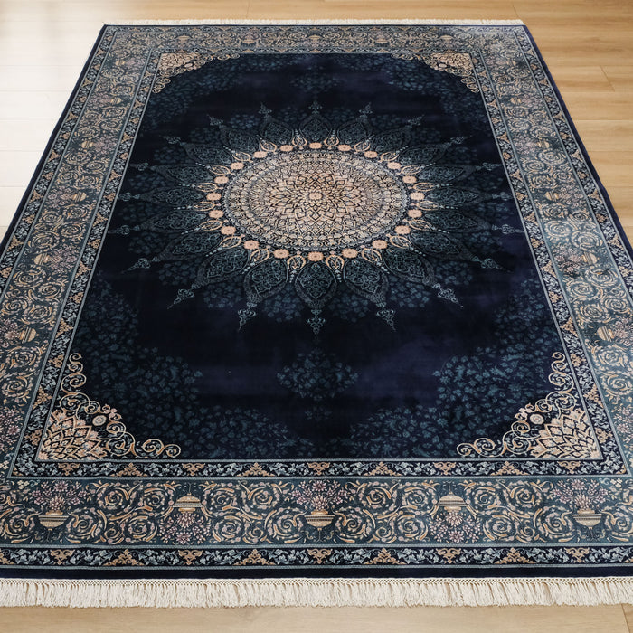 Makine Dokuma İpek Saçaklı Çerçeve Desenli Lacivert Halı — 90x150, 170x240, 200x290 cm