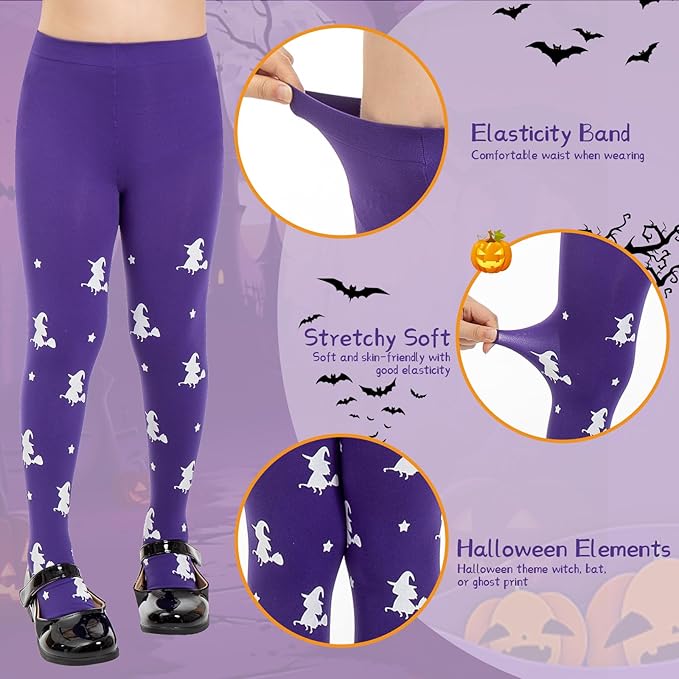 MANZI Girl's Halloween Witch Print Purple Tights for Girls Childrens Halloween Fancy Dress XL Age 8-10