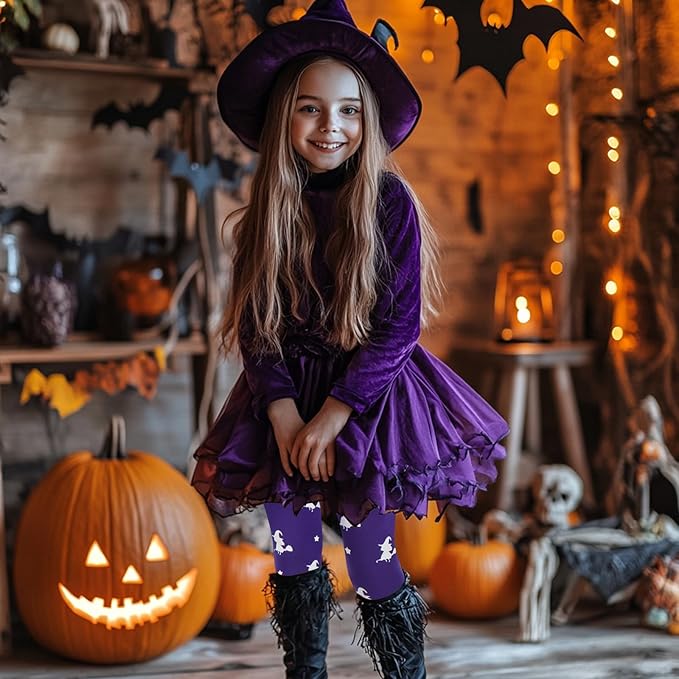 MANZI Girl's Halloween Witch Print Purple Tights for Girls Childrens Halloween Fancy Dress XL Age 8-10