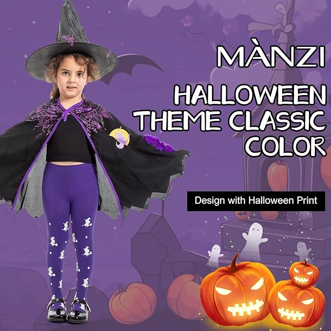 MANZI Girl's Halloween Witch Print Purple Tights for Girls Childrens Halloween Fancy Dress XL Age 8-10