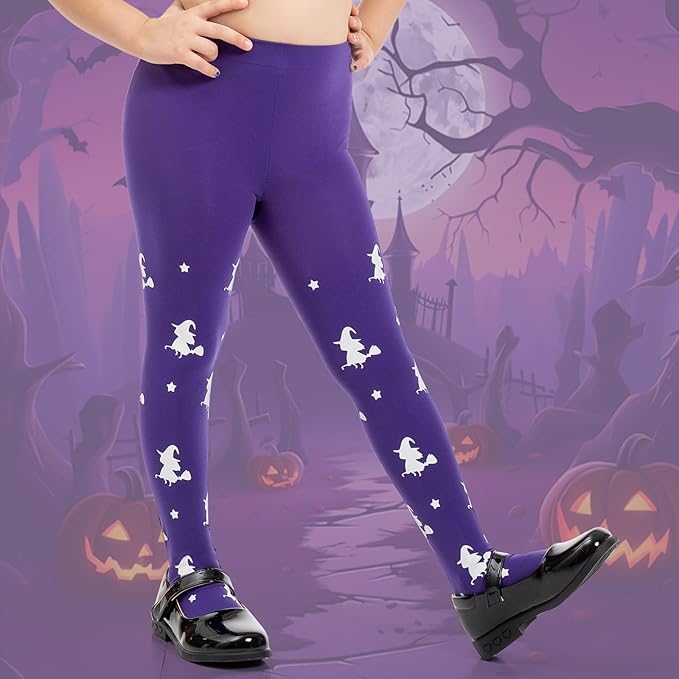 MANZI Girl's Halloween Witch Print Purple Tights for Girls Childrens Halloween Fancy Dress XL Age 8-10