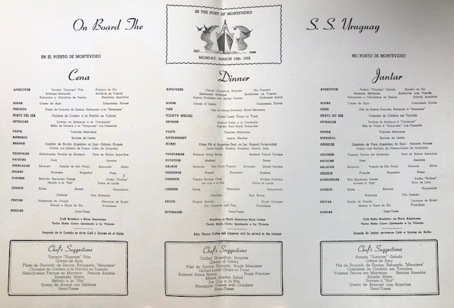 Moore-McCormack Lines. On Board the S.S. Uruguay en el Puerto de Montevideo Dinner Menu