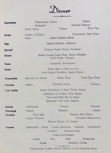 Moore-McCormack Lines. S.S. Argentina Dinner Menu