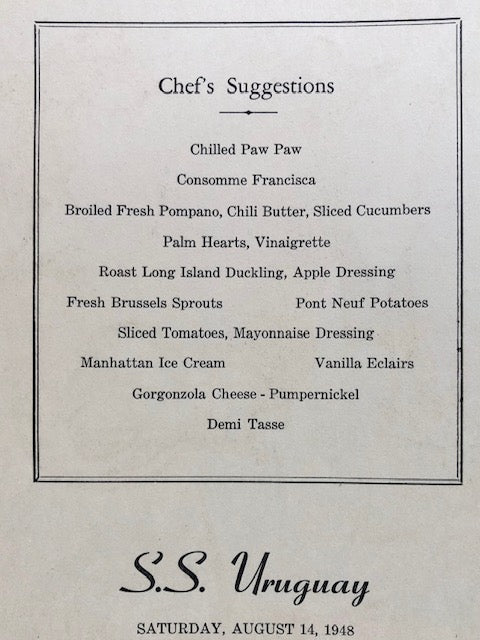Moore-McCormack Lines. S.S. Uruguay Dinner Menu