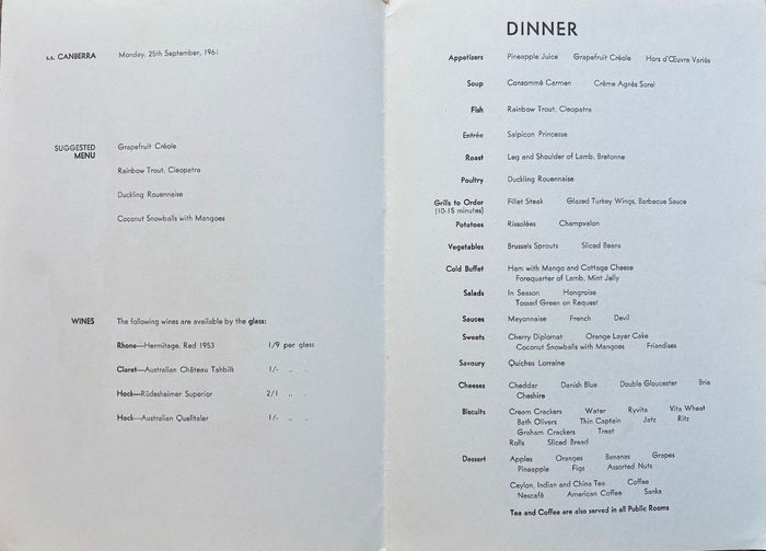 (*NEW ARRIVAL*) P & O Lines. S.S. Canberra. Dinner Menu