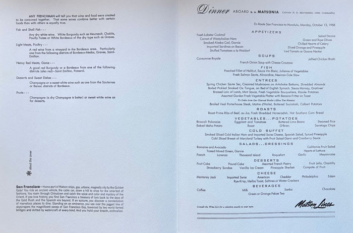 (*NEW ARRIVAL*) (San Francisco) Matson Lines. Dinner Aboard S.S. Matsonia