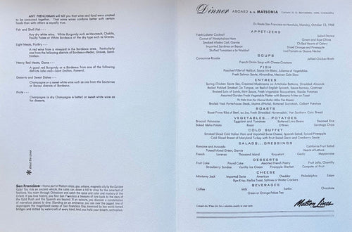 (*NEW ARRIVAL*) (San Francisco) Matson Lines. Dinner Aboard S.S. Matsonia