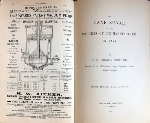 (*NEW ARRIVAL*) (Sugar) Geerligs, H.C. Prinsen.  On Cane Sugar and the Process of its Manufacture in Java.