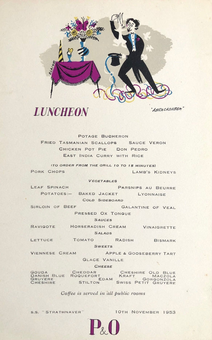 *NEW* P & O Lines. S.S. "Strathnaver" Luncheon Menu - Abracadabra