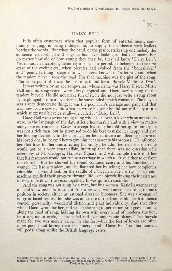 *NEW* P & O Lines. S.S. "Strathnaver" Luncheon Menu - Daisy Bell