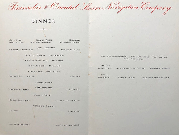 *NEW* P & O Lines. S.S. "Strathnaver" Menu - London Cries