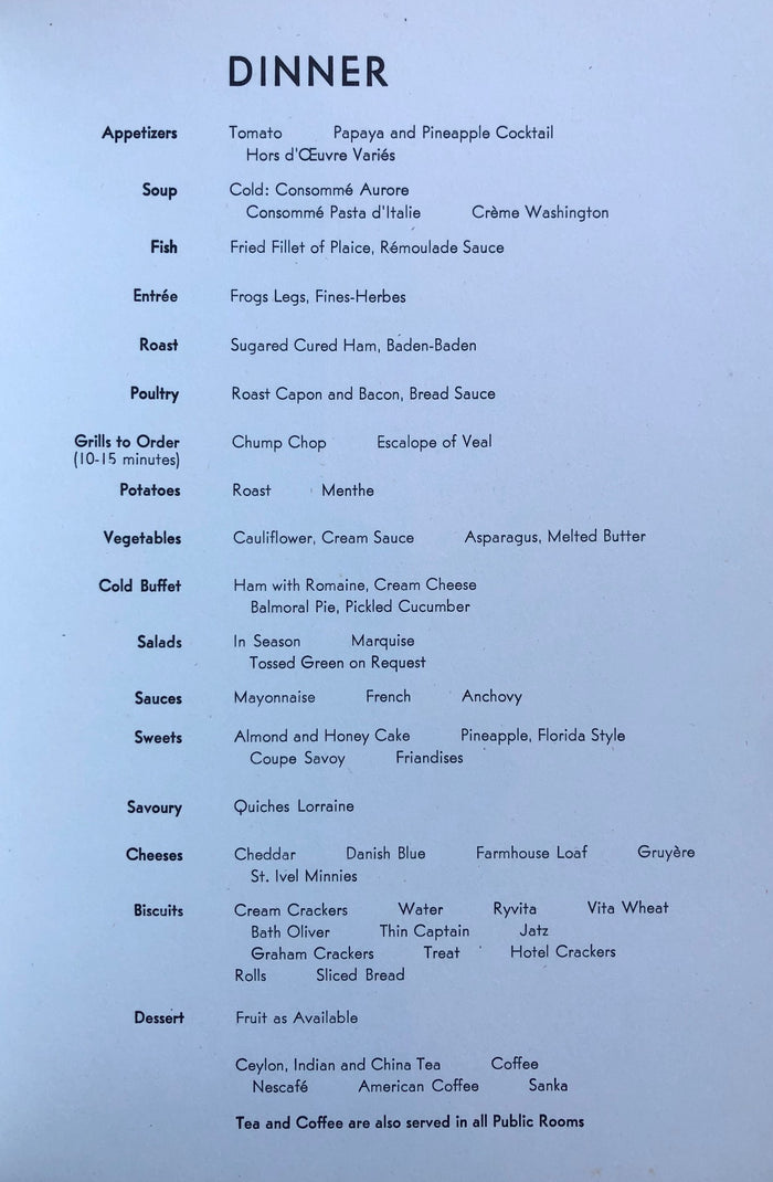 P & O Lines. S.S. Canberra Dinner Menu - Litchi